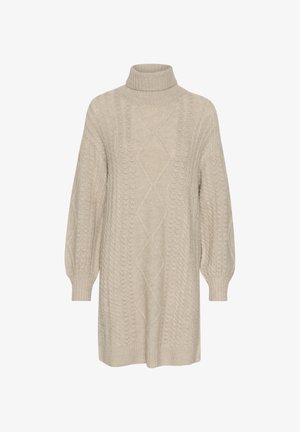 Beige knitted sweater with a turtleneck, featuring a cable knit pattern and loose, long sleeves. Soft texture and mid-length design.