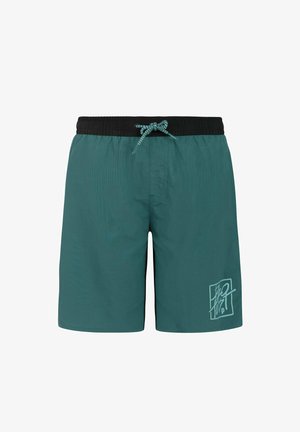 Dječak plave kose u crnoj majici s printom, tirkiznim kratkim hlačama do koljena i crnim japankama stoji ispred jednobojne pozadine.