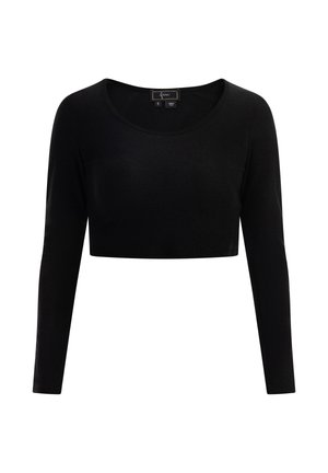 Top negro de manga larga recortado, hecho de una tela suave, con escote redondeado y silueta ajustada. La etiqueta interior indica una talla S.