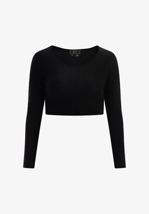 Schwarzes, tailliertes Langarmoberteil aus glattem Stoff mit rundem Halsausschnitt und figurbetonter Silhouette. Das Etikett innen gibt die Größe S an.