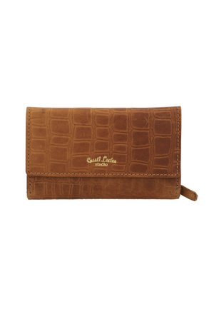 Brown leather wallet with a crocodile texture, featuring a fold-over design and gold-tone logo embellishment. Compact and sleek.