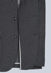 Charcoal gray jacket featuring a smooth texture, two front buttons, and subtle stitching details. Opened to reveal a light lining.