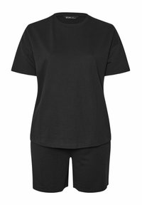 Svart bomulls t-shirt och shorts set. T-shirten har rund hals och korta ärmar; shortsen har ett elastiskt midjeband för komfort.
