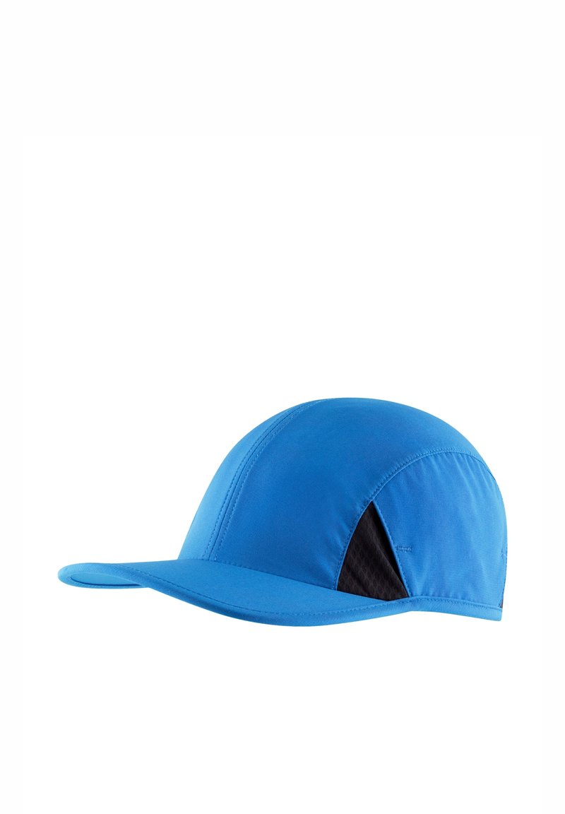 Blue athletic cap with a structured design, curved brim, and mesh side panels for ventilation. Made from lightweight, moisture-wicking material.