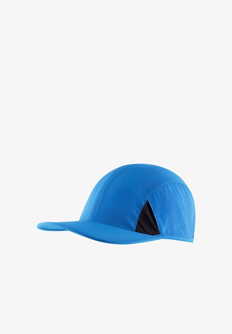 Blue athletic cap with a structured design, curved brim, and mesh side panels for ventilation. Made from lightweight, moisture-wicking material.