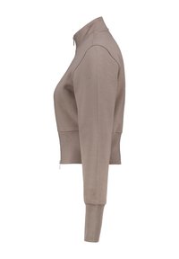 Giacca zip-up marrone chiaro con colletto alto, design cropped, maniche lunghe e un piccolo logo dettagliato sul polsino. Tessuto con texture liscia.