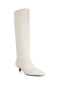 Knee-high white leather boot with a pointed toe and low stacked heel, featuring smooth texture and minimal stitching details.