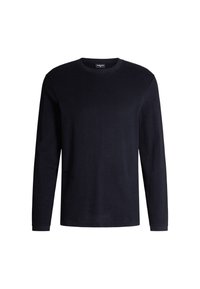 T-shirt noir à manches longues en tissu doux, avec un col rond classique et un design simple et épuré sans motifs ni embellissements.