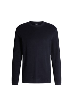 Zwarte lange mouw T-shirt gemaakt van zacht materiaal, met een klassieke ronde hals en een eenvoudig, strak ontwerp zonder patronen of versieringen.