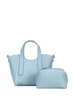 Bolso de cuero azul claro con asas dobles y pequeña bolsa a juego con cremallera, ambos con el nombre "Wittchen" en relieve.