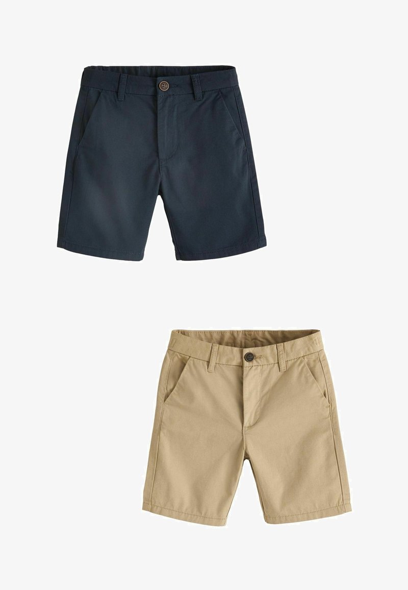 Pantaloni corti blu navy e khaki, con chiusura a bottone, passanti per cintura e tasche. Tessuto leggero e liscio con un design basic e dritto.