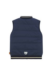 Gilet senza maniche in blu navy, con motivo trapuntato, colletto e orlo a costine, con un piccolo logo di un orsetto sulla schiena. Texture morbida.