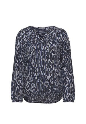Marineblaue Langarmbluse mit weiß-blauem Strichmuster, V-Ausschnitt, elastischen Bündchen und Saum, auf weißem Hintergrund abgebildet.