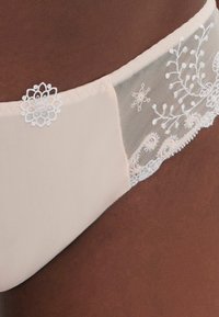 Beige Spitzenunterwäsche mit floralen Stickereien, ausgestattet mit einem transparenten Netzpaneel und dekorativen Akzenten entlang des Taillenbands.