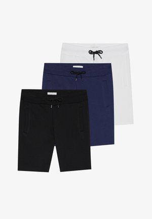 Três pares de calções: preto, azul-marinho e branco; feitos de tecido macio com um cós elástico e cordão. Inclui bolsos laterais.