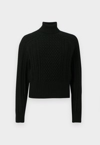 Crni džemper s rolkom sa teksturiranim uzorkom pletenice, kratkog kroja, obrubljen na rukavima i rubu, izrađen od mekanog pletenog materijala.