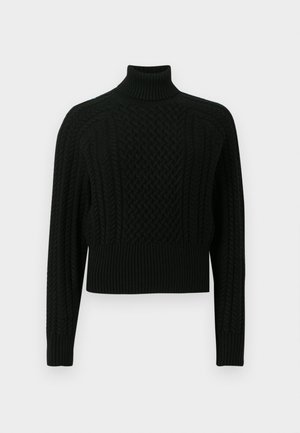 Mustast turtleneck-kampsunist, millel on tekstureeritud palmiku mustriga kudumine, lühendatud lõige, soonilised mansetid ja ääred, valmistatud pehmest kootud materjalist.