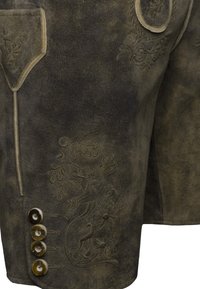 Moukruin leren jas-sleeve met bloemenborduurwerk, vier hoornknopen en decoratieve stiksels nabij de manchet.