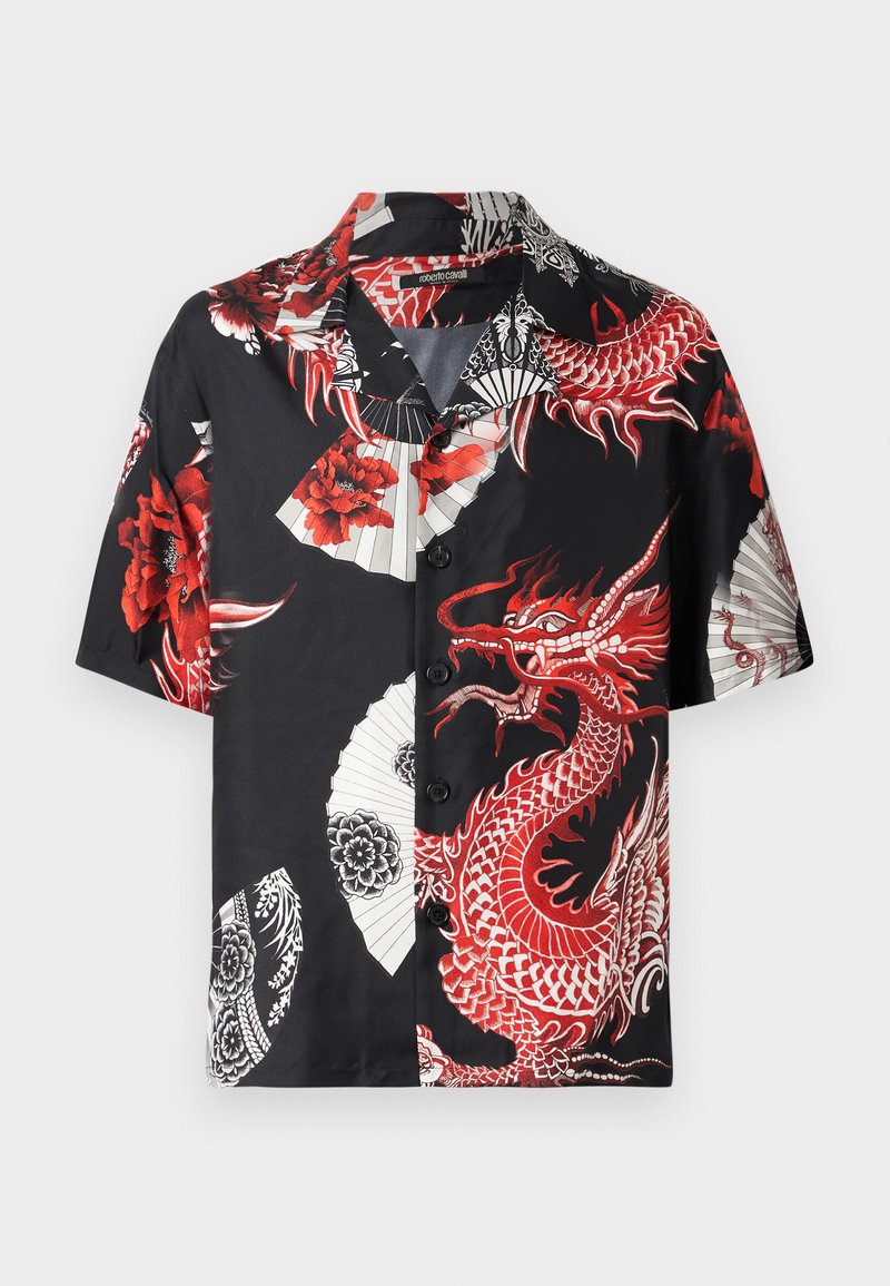 Schwarzes Kurzarmshirt mit roten Drachen- und Blumenmustern, weißen Fächerdesigns und einer Knopfleiste. Aus glattem Stoff gefertigt.