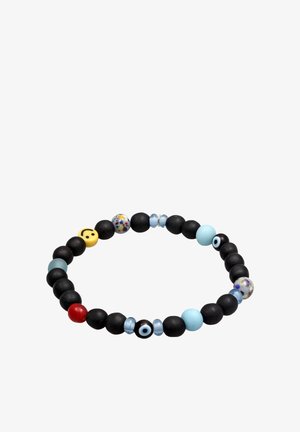 Čierny gumový náramok s viacfarebnými korálkami, vrátane žltého smajlíka, sklenených korálok a pevných farieb v modrej a červenej.