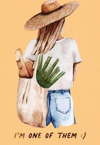 Aquarel illustratie van een persoon in een strooien hoed, wit T-shirt met groene plantenafbeelding, beige tote bag en denimshorts.