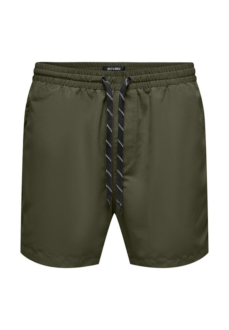 Bañador verde oliva con cintura elástica y cordones negros, que presenta un patrón de rayas blancas. Tejido suave y ligero.