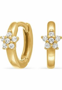 Guldörhängen med en blommig design som har kluster av klara stenar, slät yta och polerad finish.