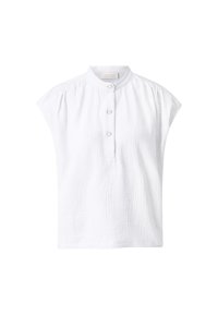 Blouse blanche à manches courtes avec un col mandarin, en tissu texturé, et quatre boutons en forme de coquillage sur le devant. Design léger et respirant.