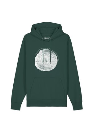 Sweat à capuche vert foncé avec un graphique d'anneau d'arbre blanc et un texte l'entourant indiquant "Life goes round and round and round."