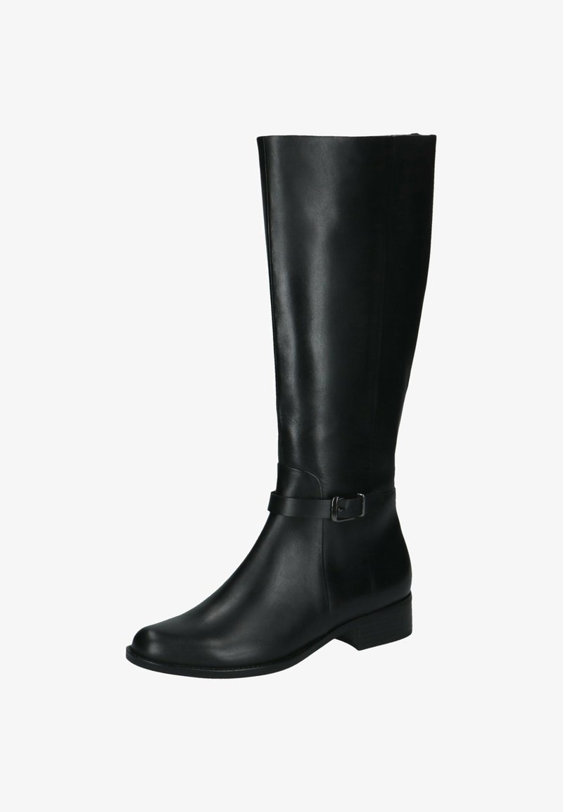 Botte en cuir noire montant jusqu'au genou avec talon bas et bride à la cheville avec une petite boucle métallique, finition lisse.