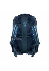 Dark blue backpack with mesh panels and padded back support. Features adjustable straps, buckles, and a logo in the center.