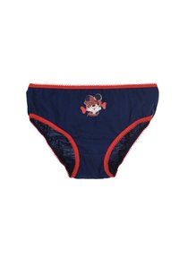 Marineblaue Baumwollunterwäsche mit roten gewellten Besätzen und einer Grafik von Minnie Mouse, die ihr Gesicht und ihre Schleife auf der Vorderseite zeigt.