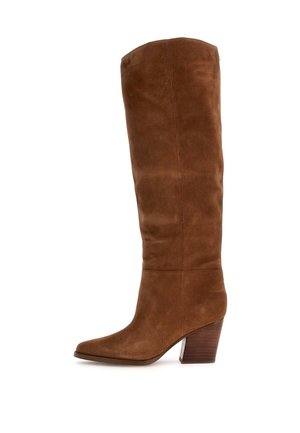 Brown suede knee-high boot with a slightly pointed toe, tapered block heel, and smooth texture, featuring minimal stitching details.