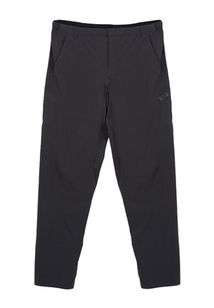 Pantaloni neri a gamba dritta con tasche laterali, passanti per cintura e discreto marchio "N1-Z" sulla coscia destra.