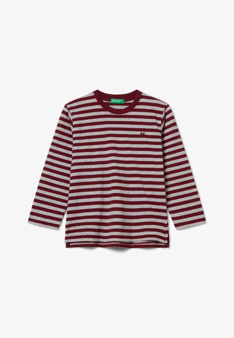 Dlouhý rukáv tričko s vínovými a šedými horizontálními pruhy, kulatý výstřih, bavlněný materiál, se malým vyšívaným logem na hrudi.