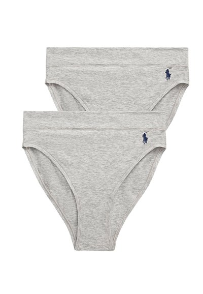 Gray cotton bikini briefs with a smooth finish, featuring a blue embroidered logo on the waistband and a classic cut design.