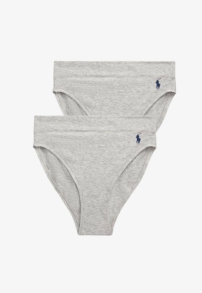 Gray cotton bikini briefs with a smooth finish, featuring a blue embroidered logo on the waistband and a classic cut design.