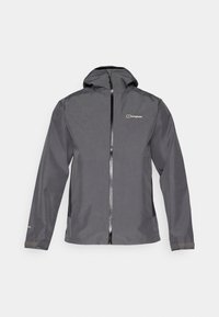 Grey waterproof jacket with a zip front, adjustable hood, and elastic cuffs. Features a logo on the upper left chest and a smooth texture.