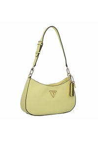 Żółta syntetyczna torebka o zaokrąglonym kształcie, z czarnym obszyciem i regulowanym paskiem. Posiada trójkątne logo oraz ozdobne okucia.