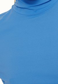 Blaues Rollkragenoberteil aus glattem, dehnbarem Stoff. Es hat einen hohen Kragen und ein tailliertes Design und bietet eine einheitliche Farbe ohne Muster.