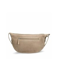 Beige suede schoudertas met een gebogen vorm, voorzien van een rits aan de bovenkant en een ritsvak aan de voorkant. Één verstelbare schouderriem voor gemakkelijk dragen.