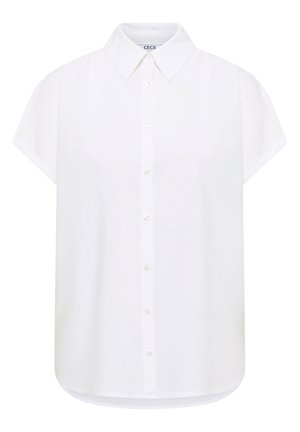 Camisa blanca de manga corta con botones, cuello puntiagudo y dobladillo redondeado, diseñada para un ajuste relajado.