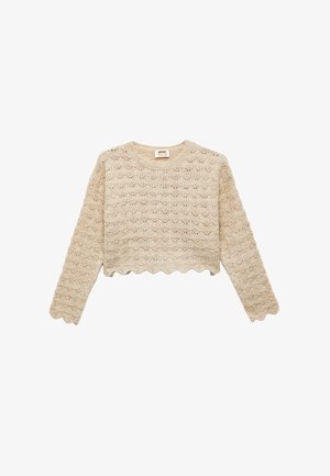 Jersey beige recortado con un patrón de olas texturizadas, cuello redondo y dobladillo en ondas. Mangas largas con un ajuste holgado.