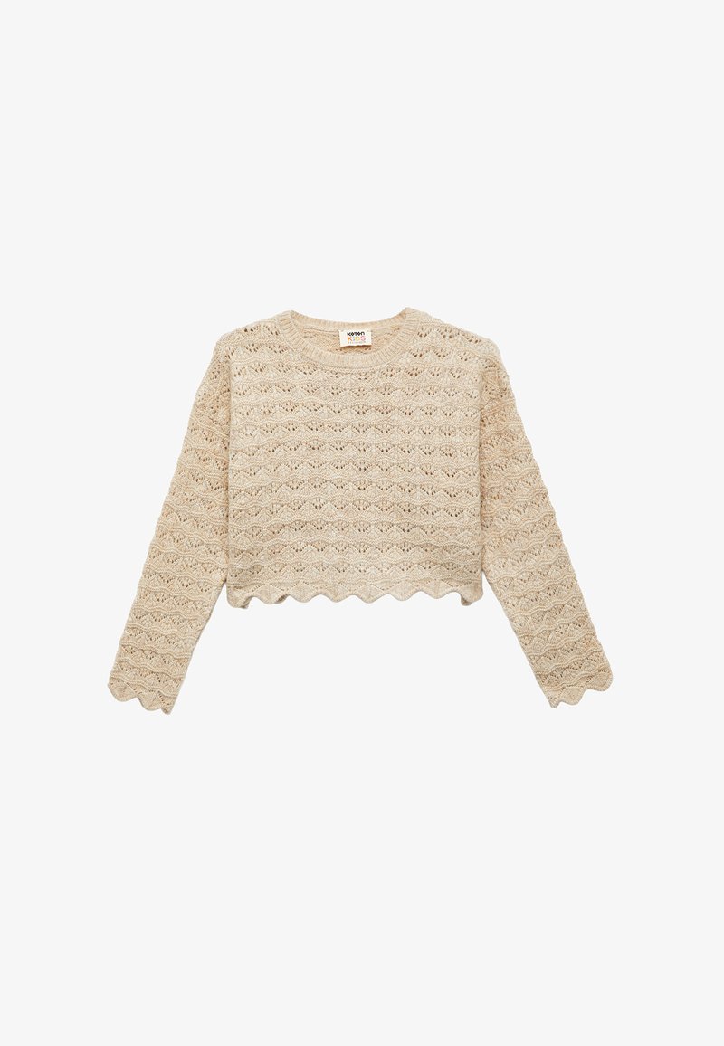 Przycięty beżowy sweter dzianinowy z teksturowanym wzorem fal, okrągłym dekoltem i falbaniastym dołem. Długie rękawy o luźnym kroju.