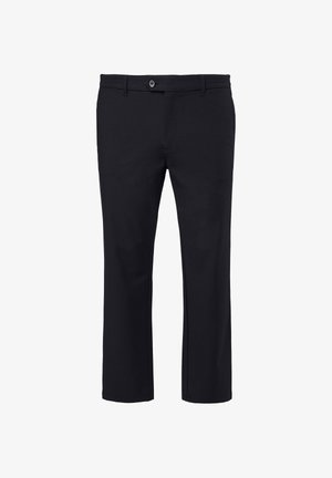 Sorte bukser i glat stof med knaplukning, bæltestropper og straight-fit ben for alsidig brug.