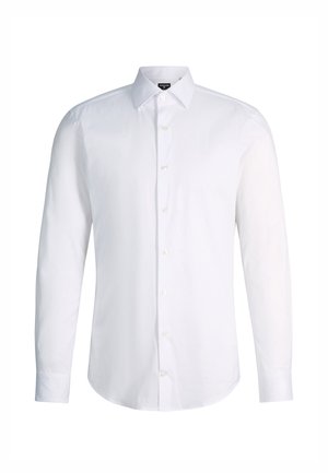 Camicia da uomo bianca a maniche lunghe con colletto classico e chiusura con bottoni, esposta su uno sfondo bianco uniforme.