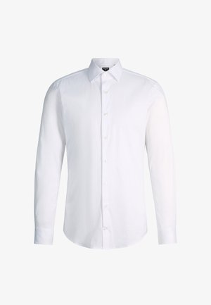 Langärmeliges weißes Hemd mit klassischem Kragen und durchgehender Knopfleiste, vor einem einfachen weißen Hintergrund präsentiert.