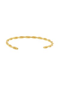 Bracelet en cuff torsadé ton or avec des extrémités ouvertes, présentant une texture lisse et polie ainsi qu'un design en spirale tout au long.