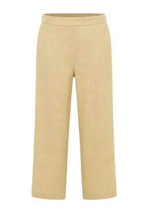 Beige wide-leg cropped pants with an elastic waistband, made of lightweight fabric.