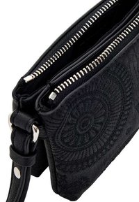 Borsa di pelle nera con motivi circolari in rilievo, doppie tasche con zip e una tracolla rimovibile. Texture liscia e hardware in argento discreto.